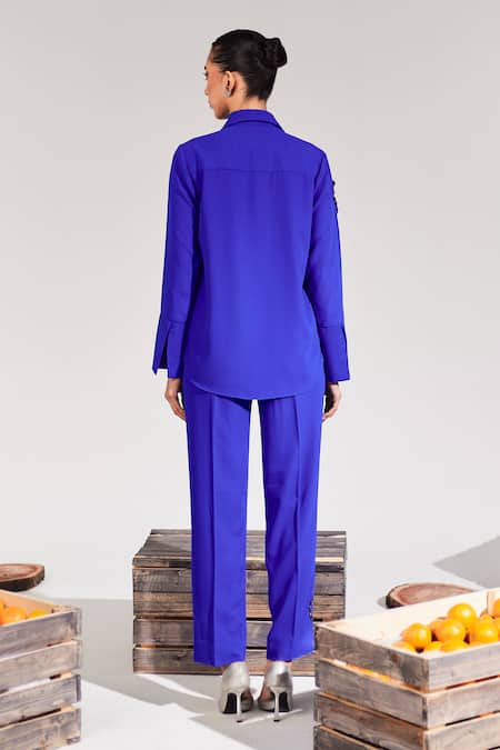 Shop House Of Zeniaa Blue Crepe Beads Shawl Neck Abstract Cut-out Embellished Shirt at Aza Fashions Shop_House Of Zeniaa_Blue Crepe Beads Shawl Neck Abstract Cut-out Embellished Shirt_at_Aza_Fashions