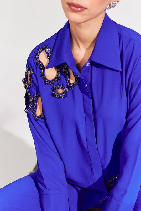 House Of Zeniaa Blue Crepe Beads Shawl Neck Abstract Cut-out Embellished Shirt Online at Aza Fashions House Of Zeniaa_Blue Crepe Beads Shawl Neck Abstract Cut-out Embellished Shirt_Online_at_Aza_Fashions