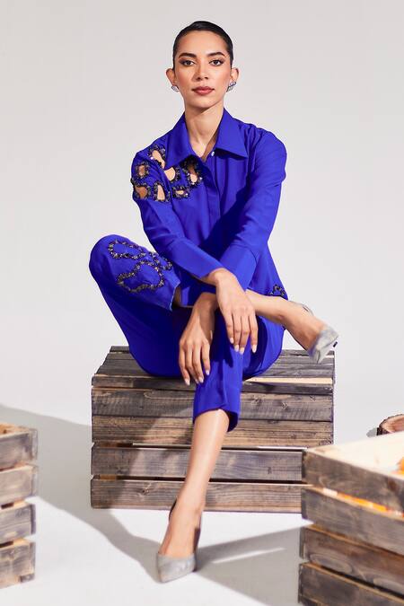 Buy House Of Zeniaa Blue Crepe Beads Shawl Neck Abstract Cut-out Embellished Shirt Online at Aza Fashions Buy_House Of Zeniaa_Blue Crepe Beads Shawl Neck Abstract Cut-out Embellished Shirt_Online_at_Aza_Fashions