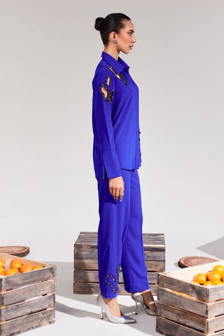 House Of Zeniaa_Blue Crepe Beads Shawl Neck Abstract Cut-out Embellished Shirt With Pant_at_Aza_Fashions