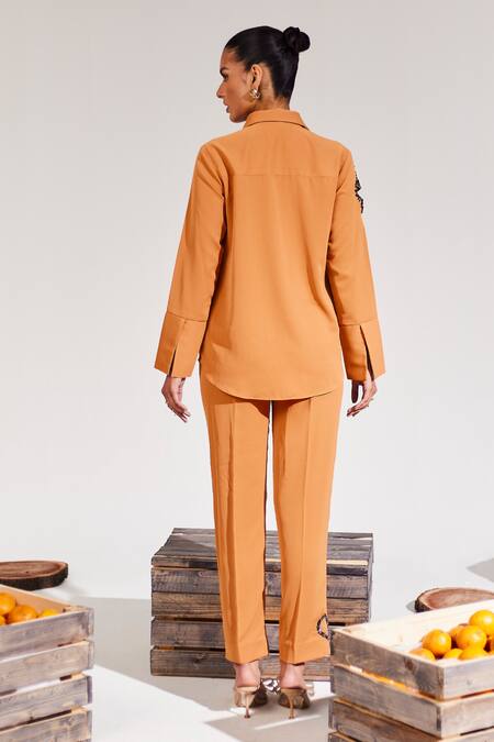 Shop House Of Zeniaa Brown Crepe Beads Abstract Cut-out Embellished Shirt at Aza Fashions Shop_House Of Zeniaa_Brown Crepe Beads Abstract Cut-out Embellished Shirt_at_Aza_Fashions