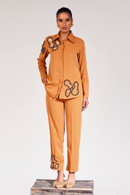 House Of Zeniaa Brown Crepe Beads Abstract Cut-out Embellished Shirt Online at Aza Fashions House Of Zeniaa_Brown Crepe Beads Abstract Cut-out Embellished Shirt_Online_at_Aza_Fashions