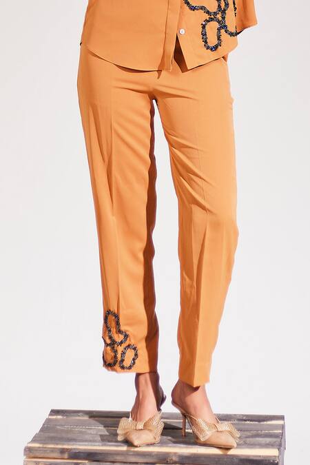 House Of Zeniaa_Brown Crepe Beads Shawl Neck Abstract Embellished Cut-out Shirt With Pant_Online_at_Aza_Fashions