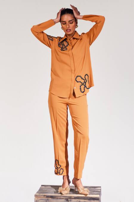 Buy_House Of Zeniaa_Brown Crepe Beads Shawl Neck Abstract Embellished Cut-out Shirt With Pant_Online_at_Aza_Fashions