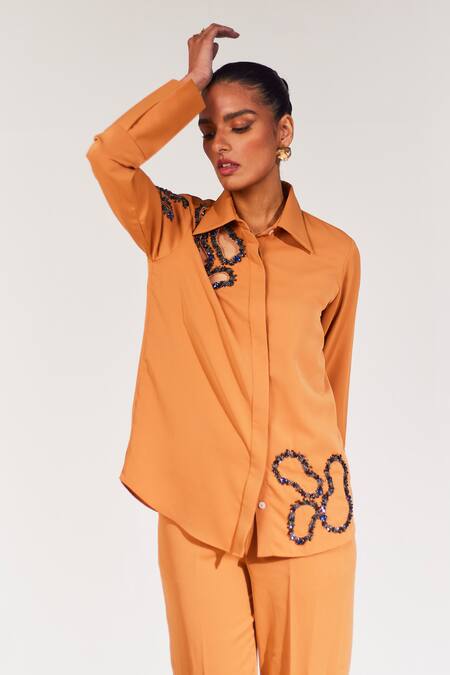 Shop_House Of Zeniaa_Brown Crepe Beads Shawl Neck Abstract Embellished Cut-out Shirt With Pant_Online_at_Aza_Fashions