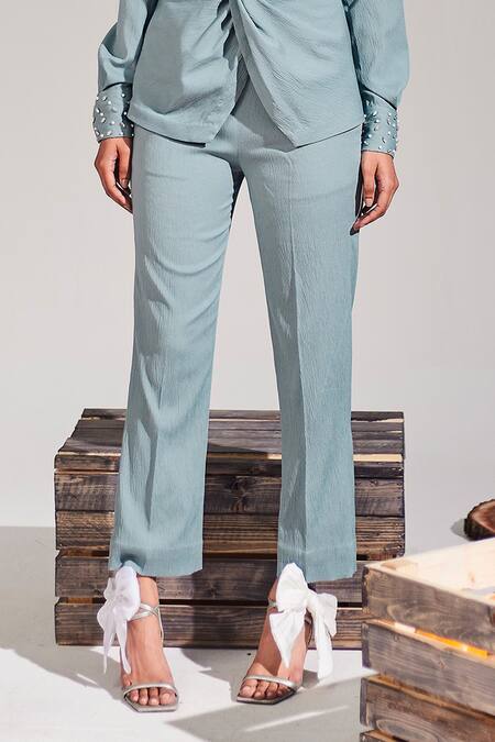 House Of Zeniaa_Blue Georgette Pearls, Stones Shawl Knotted Placed Embellished Shirt With Pant_Online_at_Aza_Fashions