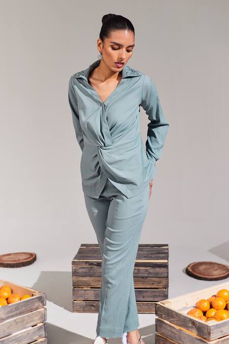 Shop_House Of Zeniaa_Blue Georgette Pearls, Stones Shawl Knotted Placed Embellished Shirt With Pant_Online_at_Aza_Fashions