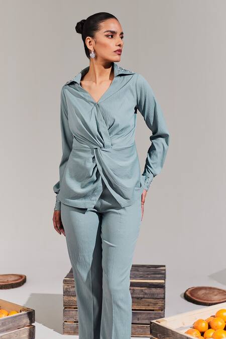 House Of Zeniaa_Blue Georgette Pearls, Stones Shawl Knotted Placed Embellished Shirt With Pant_at_Aza_Fashions