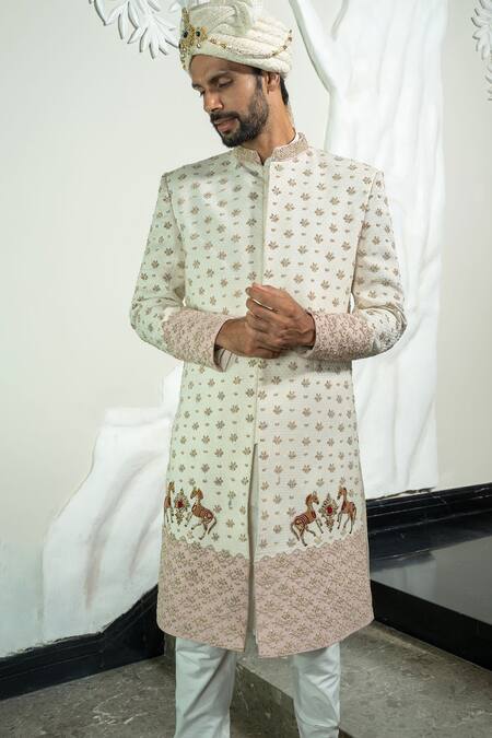 Soniya G_Ivory Jacquard, Satin, Cotton, Silk Zari, Embroidery, Zardozi Sherwani Set _at_Aza_Fashions