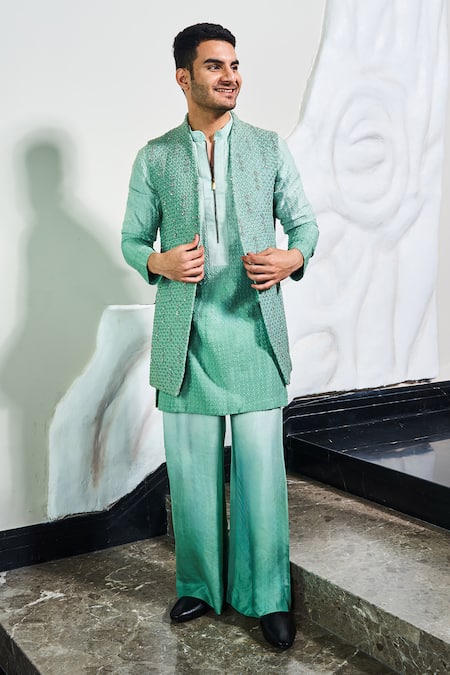 Soniya G Green Handmade Silk Embroidery Thread Jodhpuri Jacket And Kurta Set 