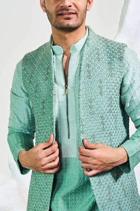 Soniya G_Green Handloom Cotton, Silk, Satin Sequins, Zari Thread Embroidered Jodhpuri Set _Online_at_Aza_Fashions