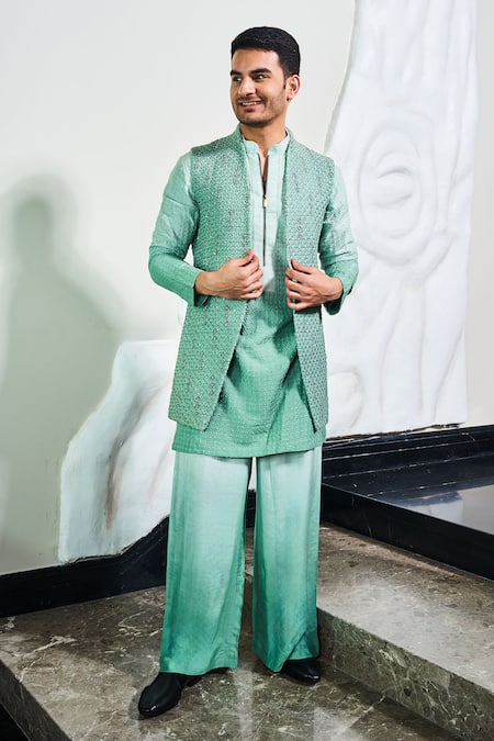 Buy_Soniya G_Green Handloom Cotton, Silk, Satin Sequins, Zari Thread Embroidered Jodhpuri Set _Online_at_Aza_Fashions