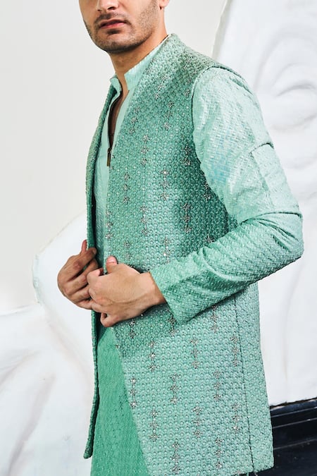 Shop_Soniya G_Green Handloom Cotton, Silk, Satin Sequins, Zari Thread Embroidered Jodhpuri Set _Online_at_Aza_Fashions