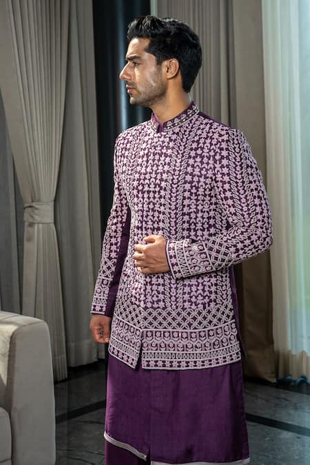 Soniya G Purple Satin, Silk Cut Work, Dori Embroidered Jodhpuri Jacket And Kurta Set Online at Aza Fashions Soniya G_Purple Satin, Silk Cut Work, Dori Embroidered Jodhpuri Jacket And Kurta Set _Online_at_Aza_Fashions