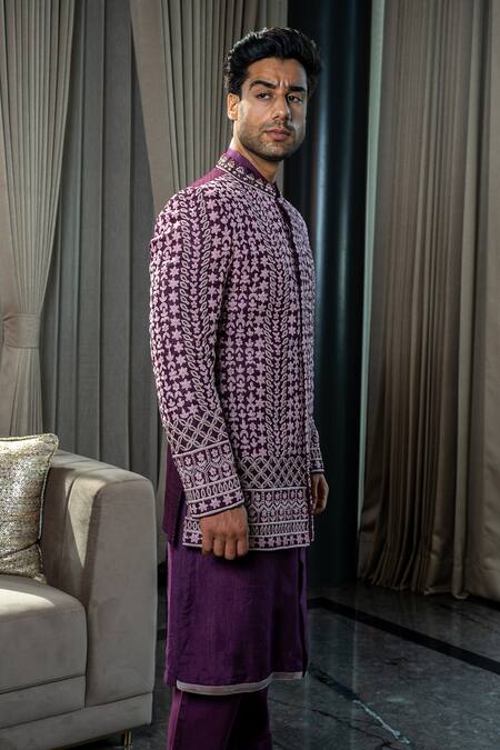 Buy Soniya G Purple Satin, Silk Cut Work, Dori Embroidered Jodhpuri Jacket And Kurta Set Online at Aza Fashions Buy_Soniya G_Purple Satin, Silk Cut Work, Dori Embroidered Jodhpuri Jacket And Kurta Set _Online_at_Aza_Fashions