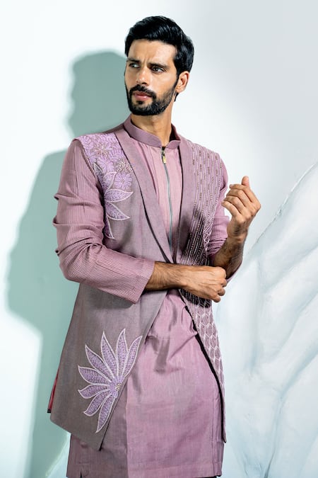 Soniya G_Pink Silk, Satin Zari, Beads, Embroidery Floral Bundi And Kurta Set _Online_at_Aza_Fashions