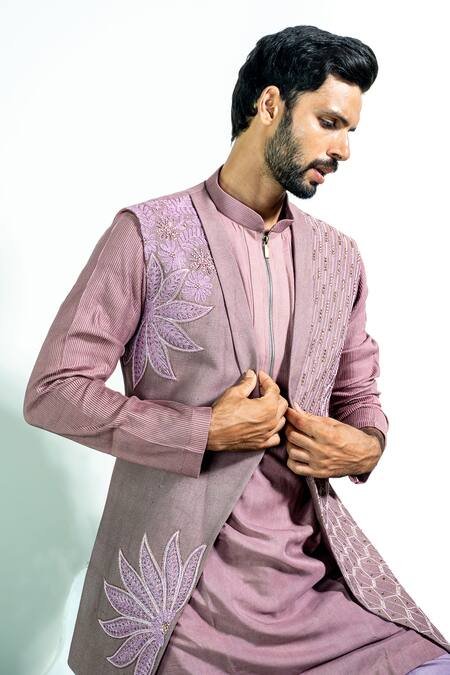 Shop_Soniya G_Pink Silk, Satin Zari, Beads, Embroidery Floral Bundi And Kurta Set _Online_at_Aza_Fashions