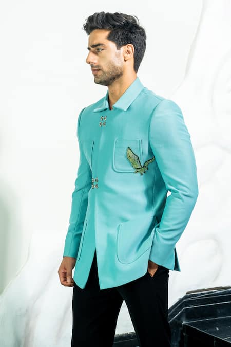 Soniya G Blue Corduroy Embellished Swarovski Placement Embroidered Bandhgala Jacket Set 