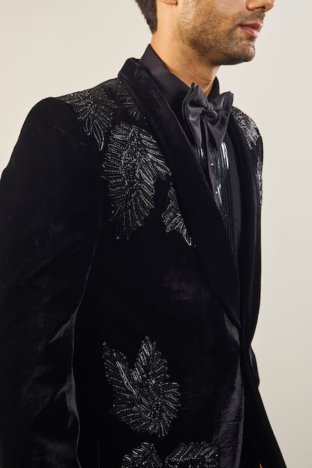 Shop_Soniya G_Black Silk, Velvet, Satin Cut Work, Zari Leaf Embroidered Tuxedo Set _Online_at_Aza_Fashions