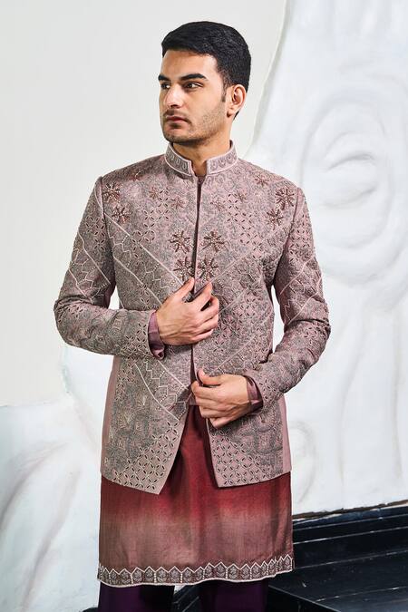 Soniya G_Pink Silk, Satin Zari, Beads, Embroidery Bandhgala And Ombre Kurta Set _Online_at_Aza_Fashions