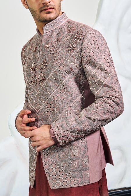 Buy_Soniya G_Pink Silk, Satin Zari, Beads, Embroidery Bandhgala And Ombre Kurta Set _Online_at_Aza_Fashions