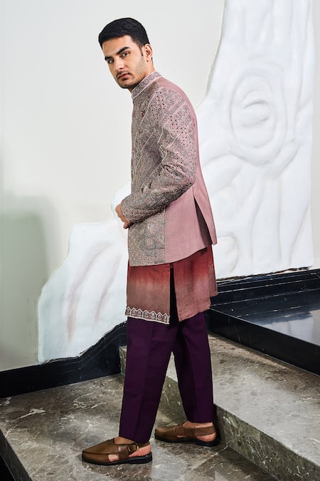 Shop_Soniya G_Pink Silk, Satin Zari, Beads, Embroidery Bandhgala And Ombre Kurta Set _Online_at_Aza_Fashions