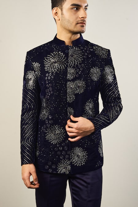 Soniya G_Blue Silk, Velvet, Satin Cut Work, Embroidery Cutdana Bandhgala Set_Online_at_Aza_Fashions