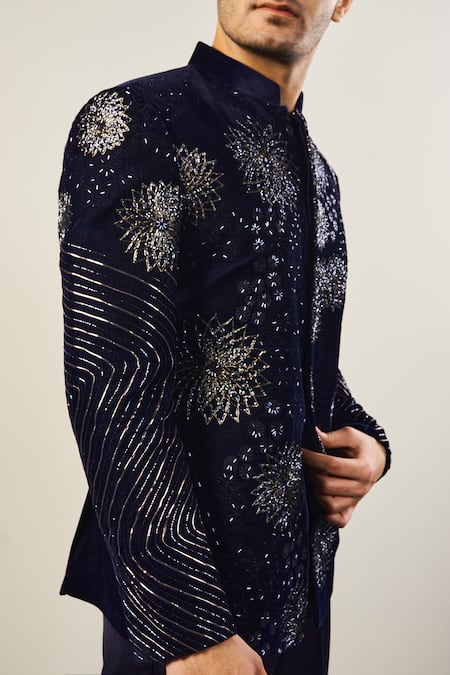 Buy_Soniya G_Blue Silk, Velvet, Satin Cut Work, Embroidery Cutdana Bandhgala Set_Online_at_Aza_Fashions