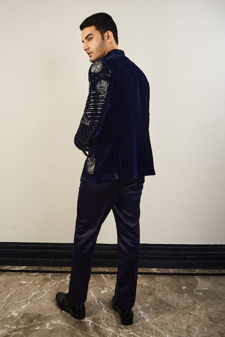 Shop_Soniya G_Blue Silk, Velvet, Satin Cut Work, Embroidery Cutdana Bandhgala Set_Online_at_Aza_Fashions