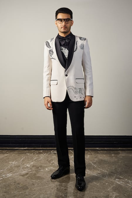 Soniya G_Black Satin, Cotton Cut Work, Beads, Embroidery Floral Thread Tuxedo Set _Online_at_Aza_Fashions