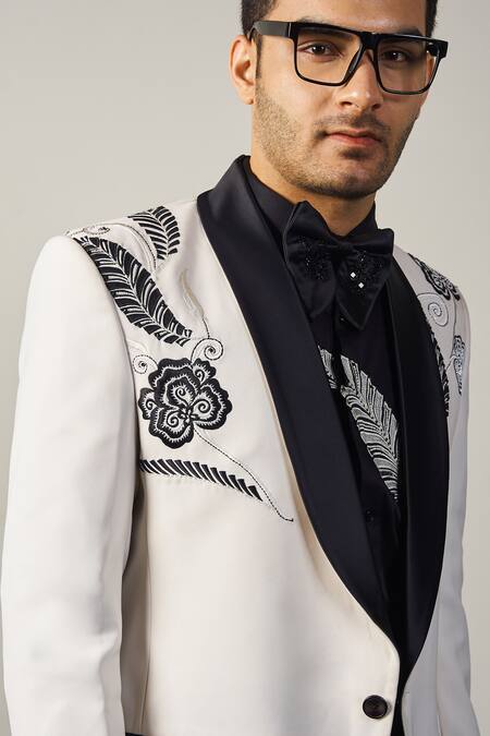 Buy_Soniya G_Black Satin, Cotton Cut Work, Beads, Embroidery Floral Thread Tuxedo Set _Online_at_Aza_Fashions