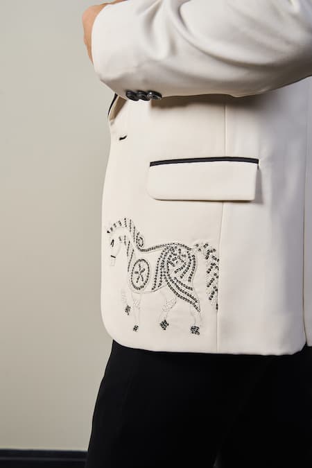 Shop_Soniya G_Black Satin, Cotton Cut Work, Beads, Embroidery Floral Thread Tuxedo Set _Online_at_Aza_Fashions