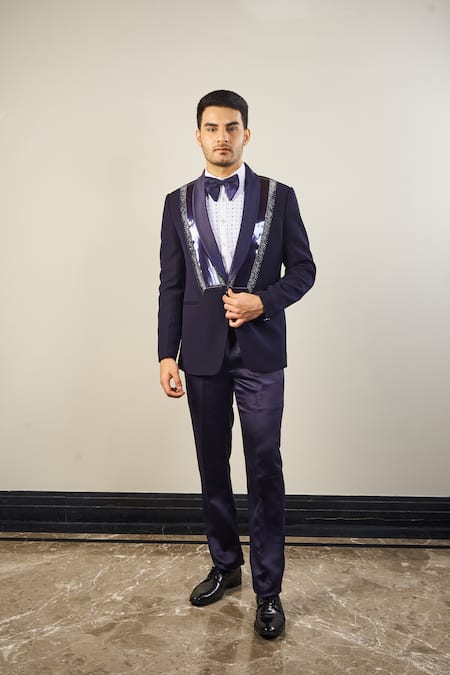 Soniya G Blue Satin, Cotton Cut Work Tape Placket Embellished Tuxedo Set Online at Aza Fashions Soniya G_Blue Satin, Cotton Cut Work Tape Placket Embellished Tuxedo Set _Online_at_Aza_Fashions