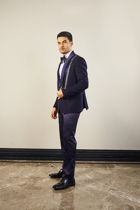 Buy Soniya G Blue Satin, Cotton Cut Work Tape Placket Embellished Tuxedo Set Online at Aza Fashions Buy_Soniya G_Blue Satin, Cotton Cut Work Tape Placket Embellished Tuxedo Set _Online_at_Aza_Fashions