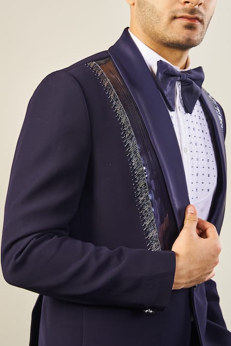 Shop Soniya G Blue Satin, Cotton Cut Work Tape Placket Embellished Tuxedo Set Online at Aza Fashions Shop_Soniya G_Blue Satin, Cotton Cut Work Tape Placket Embellished Tuxedo Set _Online_at_Aza_Fashions