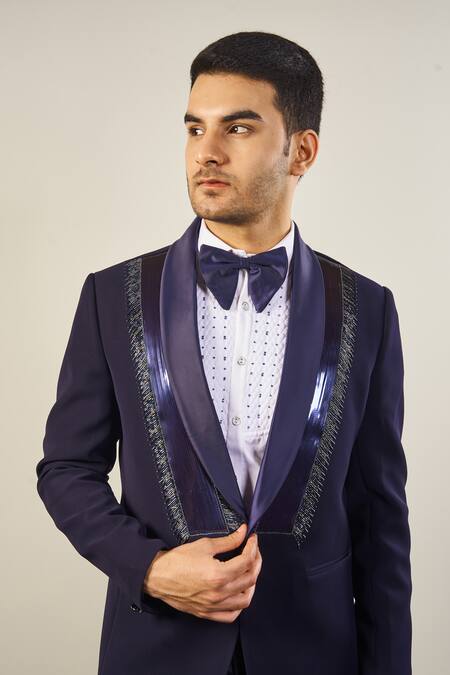 Soniya G Blue Satin, Cotton Cut Work Tape Placket Embellished Tuxedo Set at Aza Fashions Soniya G_Blue Satin, Cotton Cut Work Tape Placket Embellished Tuxedo Set _at_Aza_Fashions