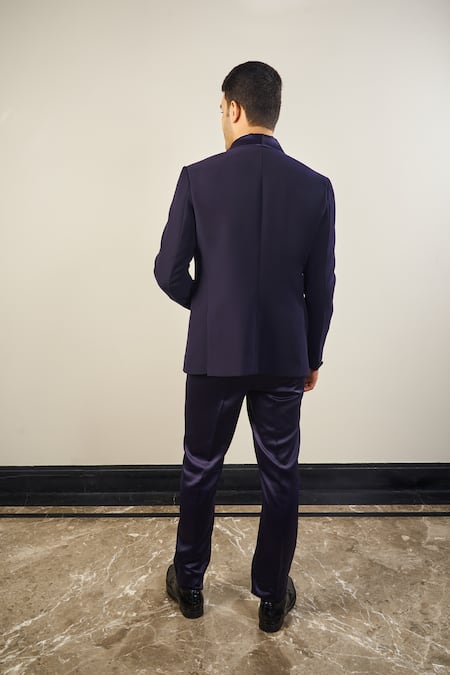 Buy Soniya G Blue Satin, Cotton Cut Work Tape Placket Embellished Tuxedo Set Buy_Soniya G_Blue Satin, Cotton Cut Work Tape Placket Embellished Tuxedo Set