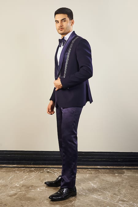 Shop Soniya G Blue Satin, Cotton Cut Work Tape Placket Embellished Tuxedo Set Shop_Soniya G_Blue Satin, Cotton Cut Work Tape Placket Embellished Tuxedo Set
