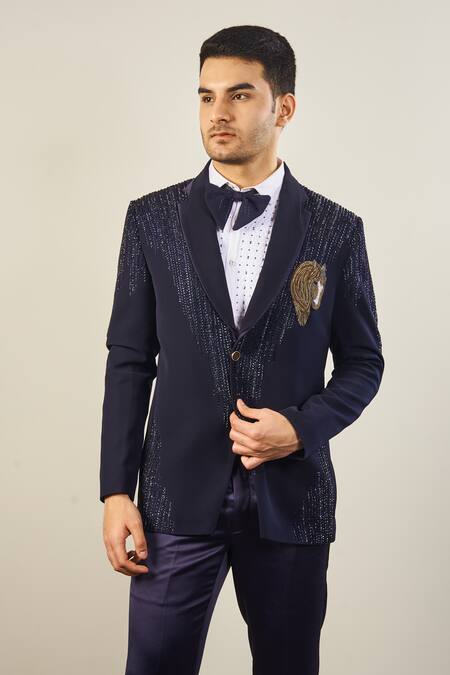 Soniya G_Blue Satin, Cotton Sequins, Cut Work Cutdana Embroidered Tuxedo Set _Online_at_Aza_Fashions