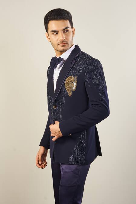 Buy_Soniya G_Blue Satin, Cotton Sequins, Cut Work Cutdana Embroidered Tuxedo Set _Online_at_Aza_Fashions