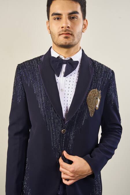 Shop_Soniya G_Blue Satin, Cotton Sequins, Cut Work Cutdana Embroidered Tuxedo Set _Online_at_Aza_Fashions