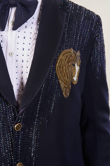 Soniya G_Blue Satin, Cotton Sequins, Cut Work Cutdana Embroidered Tuxedo Set _at_Aza_Fashions