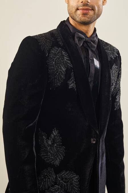 Soniya G_Black Silk, Velvet, Satin Cut Work Floral Embroidered Tuxedo Set _Online_at_Aza_Fashions