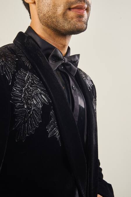 Buy_Soniya G_Black Silk, Velvet, Satin Cut Work Floral Embroidered Tuxedo Set _Online_at_Aza_Fashions