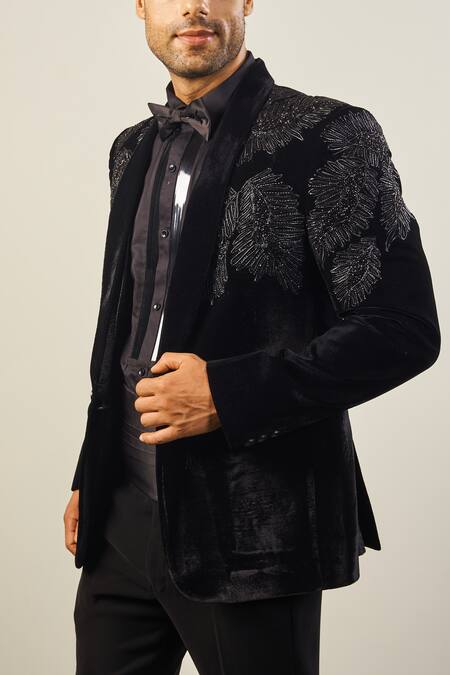 Shop_Soniya G_Black Silk, Velvet, Satin Cut Work Floral Embroidered Tuxedo Set _Online_at_Aza_Fashions