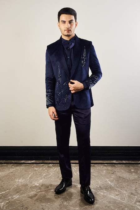 Soniya G Blue Silk Velvet Embroidery Cutdana Navy Horse Tuxedo Set 