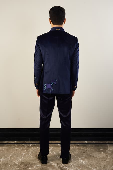 Soniya G Navy Blue Horse Embroidered Tuxedo Set 