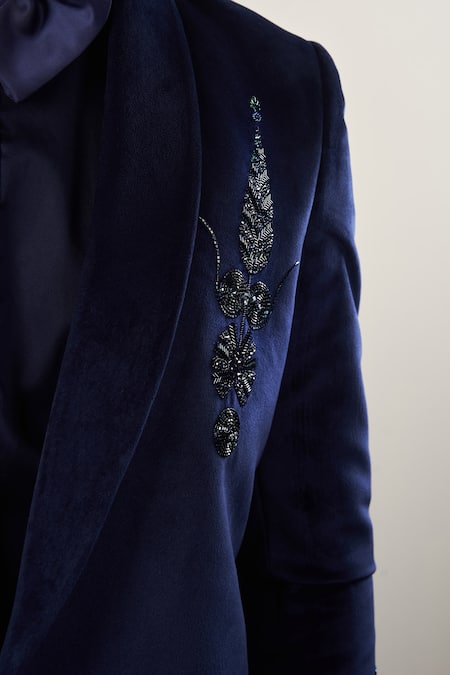 Soniya G_Blue Silk, Velvet, Satin Embroidery, Cut Work Navy Horse Tuxedo Set _Online_at_Aza_Fashions