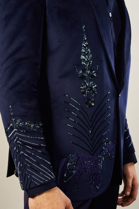 Buy_Soniya G_Blue Silk, Velvet, Satin Embroidery, Cut Work Navy Horse Tuxedo Set _Online_at_Aza_Fashions
