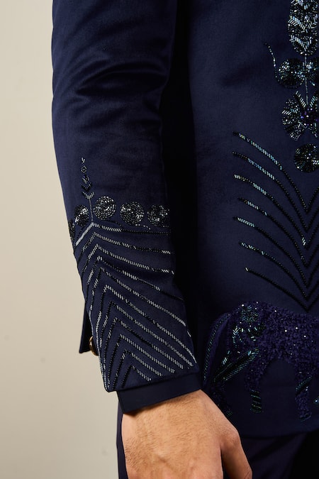 Shop_Soniya G_Blue Silk, Velvet, Satin Embroidery, Cut Work Navy Horse Tuxedo Set _Online_at_Aza_Fashions